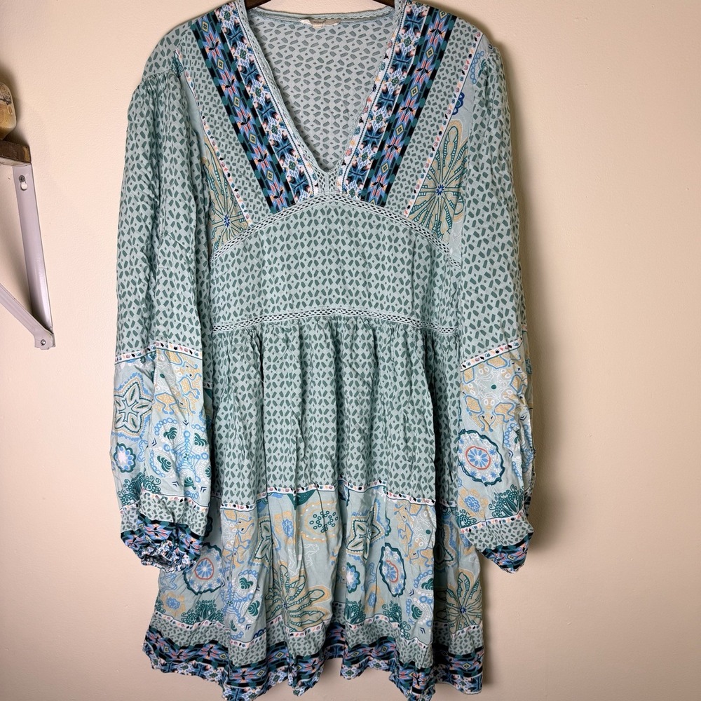 Easel Anthropologie Women's Medium Blue Boho Lace Long Sleeve Cute Tunic Dress